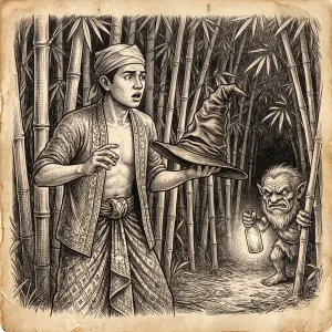 Ilustrasi sketsa hitam putih bergaya ukiran kayu. Seorang pemuda Ambon bernama Martin mengenakan pakaian tradisional dan penutup kepala, menatap terkejut sambil memegang topi penyihir lancip yang polos tanpa ekspresi wajah. Di latar belakang, di antara rumpun bambu yang lebat, tampak sosok kerdil Botol Manci yang berwajah gencar dan berjenggot, memegang botol kaca berisi cahaya terang.