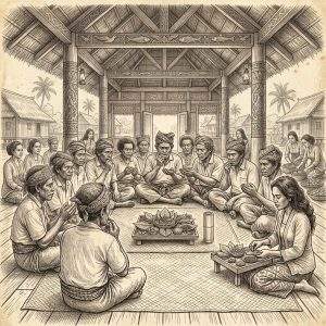 Ilustrasi suasana ritual adat Pela Gandong dan Pela Tampa Siri