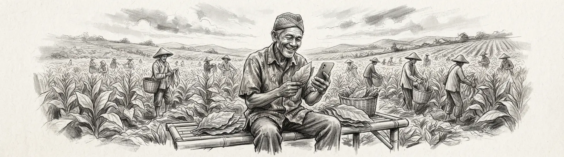 Sketsa hitam putih dengan gaya ekspresif di atas kertas krem, menggambarkan seorang petani senior tersenyum sambil memegang smartphone dan daun tembakau di tengah ladang saat musim panen.