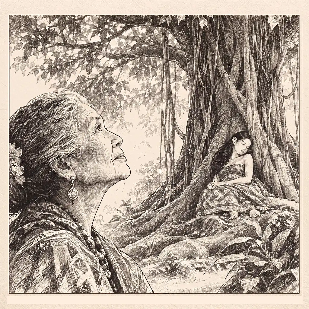 Ilustrasi goresan pensil gaya ukiran klasik seorang nenek menatap ke atas di bawah pohon beringin besar, sementara seorang gadis tertidur di sela-sela akarnya.