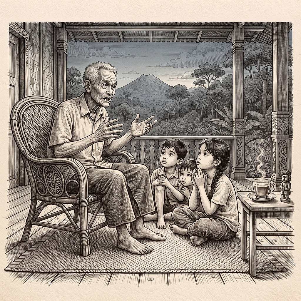Ilustrasi bergaya ukiran tinta hitam putih dengan sentuhan sepia, menggambarkan seorang kakek (Opa) yang duduk di kursi rotan tua di teras rumah tradisional Ambon. Ia sedang menceritakan kisah horor dengan ekspresi sedikit tegang kepada ketiga cucunya yang duduk di lantai tikar bambu, sementara di samping mereka terdapat secangkir teh panas yang mengepul di atas meja kecil.
