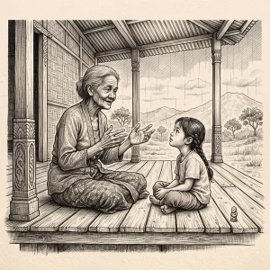 Ilustrasi cerita rakyat 'Nenek Luhu', menampilkan seorang nenek yang sedang bercerita dan cucunya yang mendengarkan di teras rumah kayu tradisional Ambon. Latar belakang menunjukkan suasana gerimis dengan pemandangan Gunung Nona.