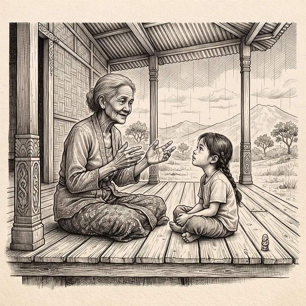 Ilustrasi cerita rakyat 'Nenek Luhu', menampilkan seorang nenek yang sedang bercerita dan cucunya yang mendengarkan di teras rumah kayu tradisional Ambon. Latar belakang menunjukkan suasana gerimis dengan pemandangan Gunung Nona.